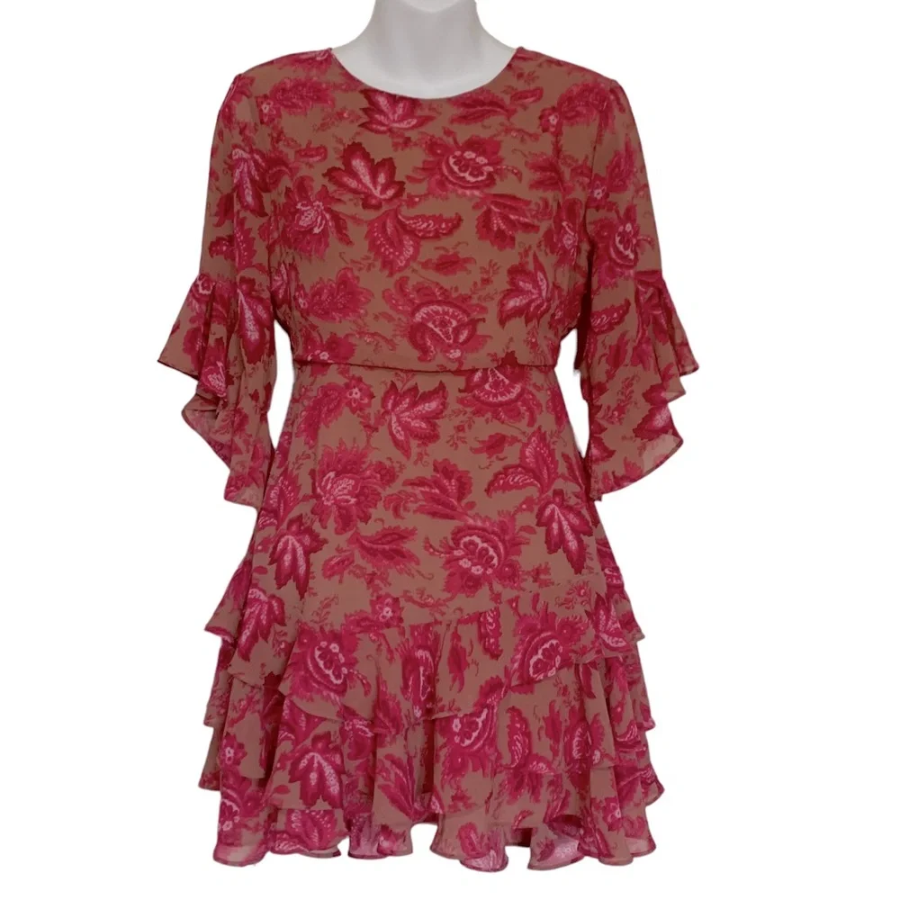 Sundae Muse Pink Floral Ruffle Bell Sleeve Mini Christy Dress Size US Sm… - Picture 3 of 11